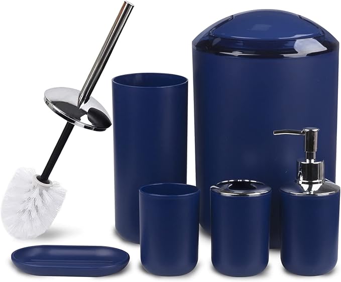 CERBIOR Bathroom Accessories Set 6 Piece Bath Ensemble Includes Soap Dispenser, Toothbrush Holder, Toothbrush Cup, Soap Dish for Decorative Countertop and Housewarming Gift (Royal blue-6pcs)