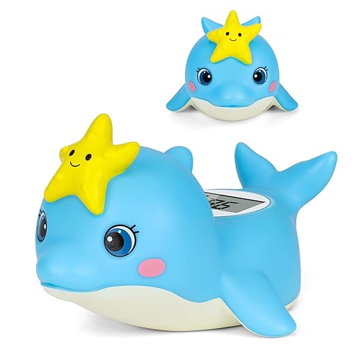 Baby Bath Thermometer, Dolphin Floating Bath Thermometer Baby for Newborns, Waterproof Bath Temperature Monitor with Hot & Cold Safety Alert, Water Temperature Monitor for Baby