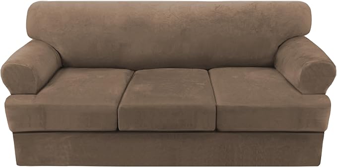 H.VERSAILTEX Sofa Cover 4 Piece T Cushion Sofa Slipcovers Thick Velvet Couch Cover Stretch T Cushion Sofa Covers for 3 Cushion Couch with 3 Individual T Cushion Covers, Mocha