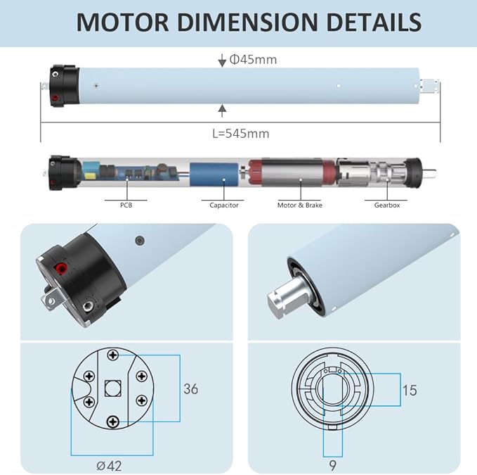 DC24V Motorized Remote Control Roller Shade Motor Kit, 45mm Brushless Electric Blind Motor for Outdoor Awning & Windproof Shades, Heavy Duty Automation (50 N.m for Φ74mm（3"） Round Tube)