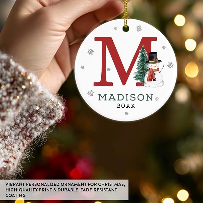 Andaz Press Personalized Ornament, Custom Name, Initial M Monogram Snowman 2.8" Ceramic Porcelain 2025 Christmas Ornament Keepsake for Kids, Boys, Girls, Initial Ornaments Monogram Ornaments 1-Pack