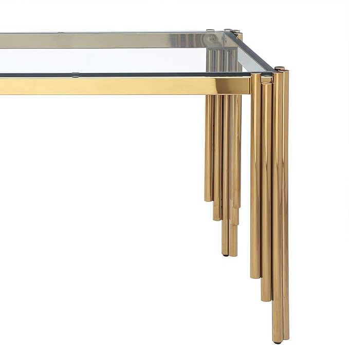 65" Rectangle Glass Dining Table, Glass Kitchen Table w/Tempered Glass Tabletop and Stainless Steel Gold Legs, Modern Glass Dining Room Table for Home, Kitchen, Dining Room