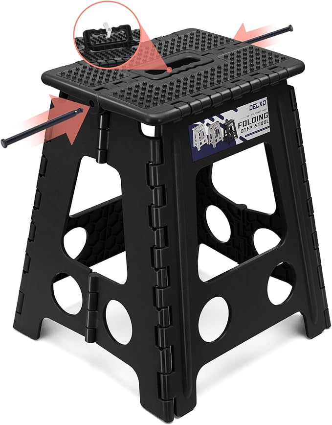 Delxo Folding Step Stool 16 Inch,Non-Slip Foldable Stools for Adults Up to 300 LBS,Kitchen Collapsible Fold Up Stepping Stool with Dotted 1 Pack,Black