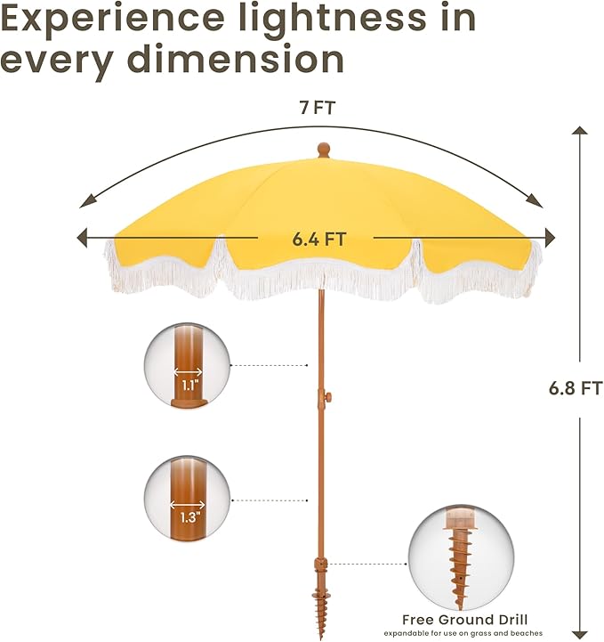 PHI VILLA 7ft Beach Umbrella with Fringe & Sand Anchor, Outdoor Patio Heavy Duty Windproof Portable Tassel Umbrellas for Sand with Push Button Tilt & Carrying Bag, UPF 50+, Yellow