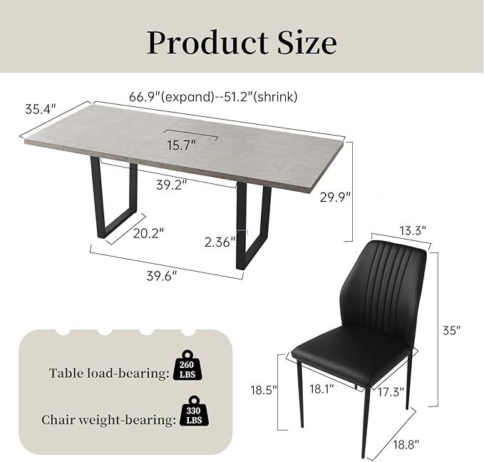 ZckyCine Modern Mid-Century Dining Table Set for 6-8 People Kitchen Dining Room Table Set Extendable Wood Dining Table and 6 Upholstered Chairs, Home Kitchen Furniture