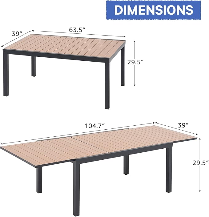 Soleil Jardin Aluminum Patio Extendable Dining Table, 63" - 105", Adjustable Indoor Outdoor Furniture Rectangle Table w/Thermal Transfer Wood Grain Tabletop for 6-10 Person Porch Deck Garden, Black