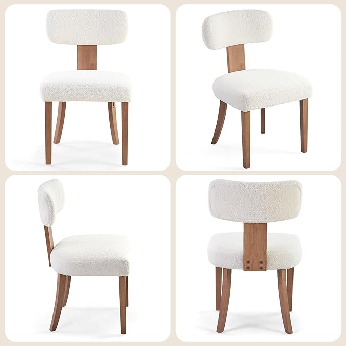 Mid-Century Dining Chair Set of 4, Upholstered Sherpa Seats with Ergonomic Curved Back and Adjustable Legs for Dining Room, Bedroom, Kitchen, White Sherpa