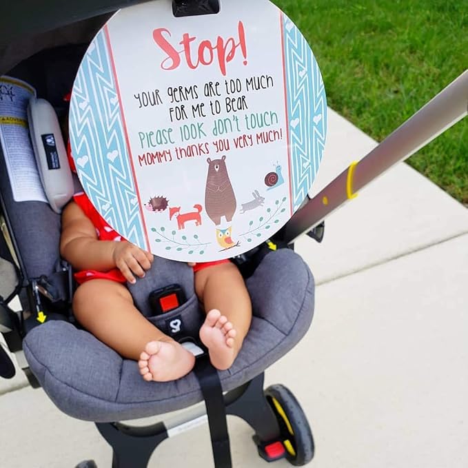 (Three Little Tots) No Touching baby Car Seat and Stroller TWO PACK- Baby Safety No Touching Car Seat Sign, Stroller Sign, Newborn Car Seat Tag- CPSIA Safety Tested (Flower/Woodlands)