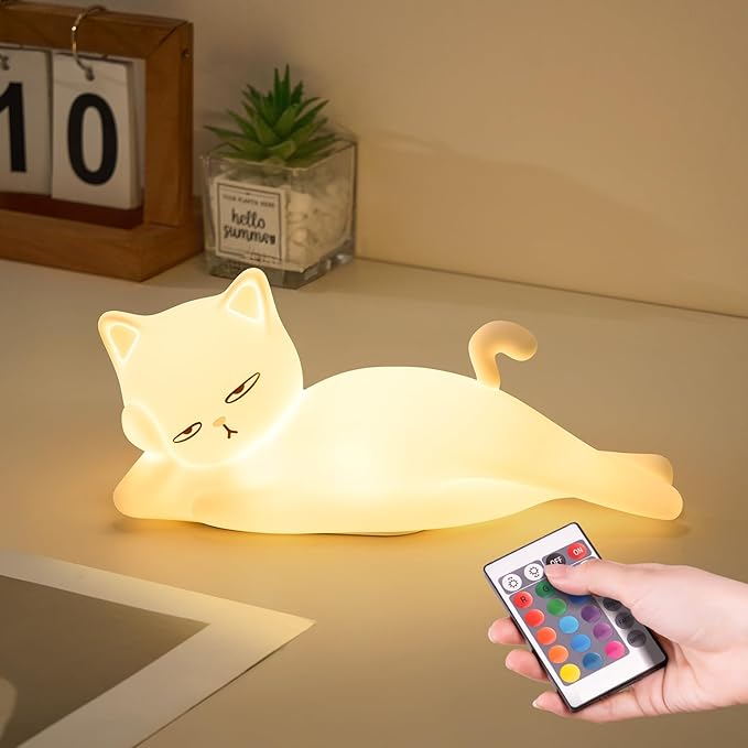 Lying Flat Cat Lamp Funny Gifts, 16 Colors+5 Dimming+Silicone Random Stuff, Touch+Remote+Recharge Night Light for Kids, Cool Lamp Unique Lamps Cute Weird Stuff, Cat Gifts for Teen Girls/Adults/Kids