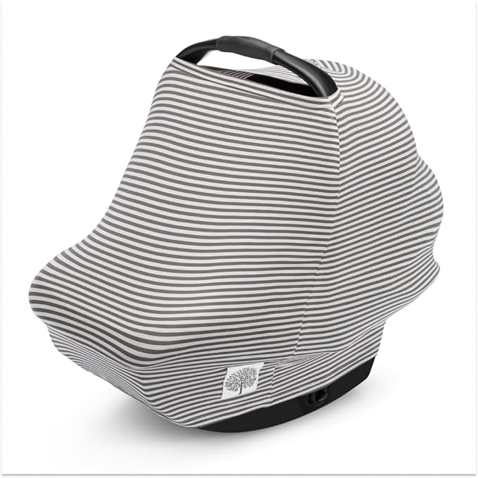 Parker Baby 4 in 1 Car Seat Cover for Girls and Boys - Stretchy Carseat Canopy, Nursing Cover, Grocery Cart Cover, High Chair Cover - “Pewter/Snow Stripes”