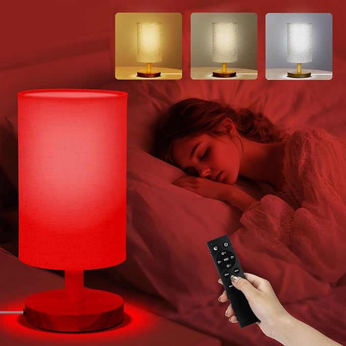 Red Light Lamp for Bedroom, Nightstand Lamp with 670nm Red & 3000-6500K White Light, Remote Control, Timer, Night Light, Dimmable LED Bedside Table Lamp with Memory Function, Wood Base & Fabric Shade