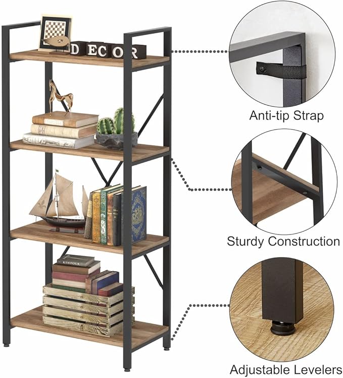 BON AUGURE Industrial 4 Tier Bookshelf, Modern Open Shelving Unit Book Shelves, Heavy Duty Etagere Bookcase, Wood Metal 4 Shelf Book Case for Office, Living Room and Bedroom (Vintage Oak)