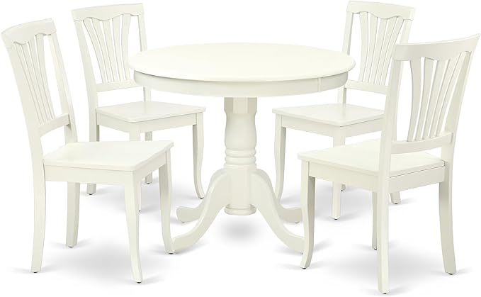 East West Furniture ANAV5-LWH-W 5 Piece Dining Room Table Set Includes a Round Kitchen Table with Pedestal and 4 Dining Chairs, 36x36 Inch, Linen White