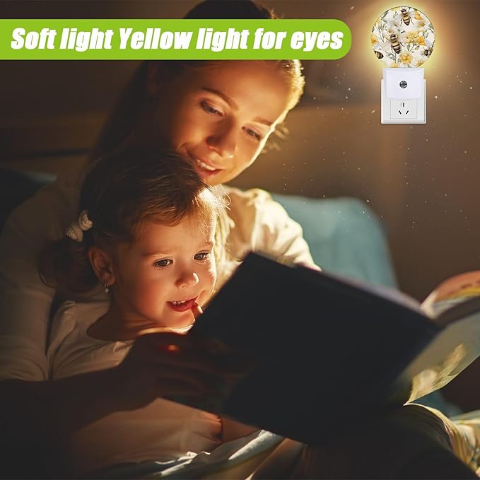 Cute Bee Night Light,Watercolor Floral Night Lights Plug into Wall for Kitchens Toilets Bedroom Decorative Half Round Nightlight Led Lamp 0.5W Sleep Friendly