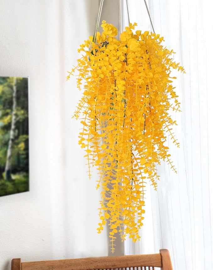 RECUTMS Aritificial Hanging Plant 3 Pack Fake Eucalyptus Leaves Faux Yellow Vine Plant Hanging for Indoor Home Room Wall Outdoor Garden Party Proch Wedding Backyard Arch Decoration(Pure Yellow)