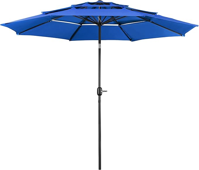 Yaheetech 3 Tier Patio Umbrella 10ft Vented Outdoor Large Market Table Umbrella with 8 Sturdy Ribs and 1.5" Umbrellla Pole, Double-layer Cloth & Push-button Tilting & Crank for Pool/Garden/Lawn Blue