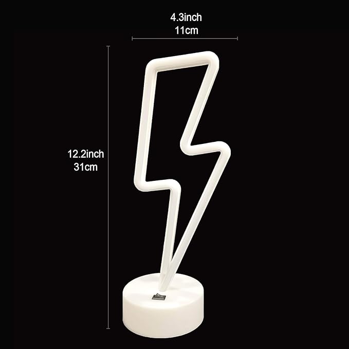 Pink Lightning Bolt Neon Sign, Aesthetic Room Decor for Bedroom, Battery/USB Operated LED Light with Base