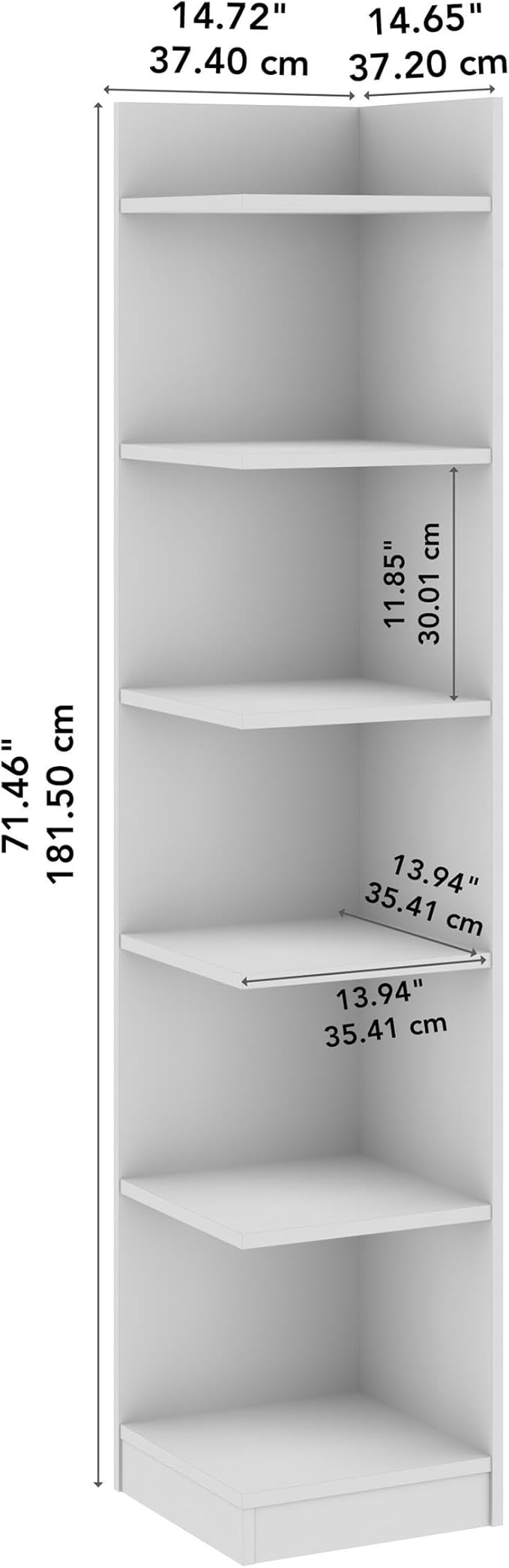 Bush Furniture Universal 15W Tall Corner Bookshelf in White, 6 Shelf Narrow Bookcase for Home Office Storage or Living Room Organization