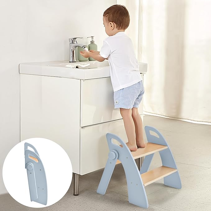 Wooden 2 Step Stool for Kids Bathroom Sink Foldable Anti-Slip 2-Step for Toilet Potty Training, Child Stepping Stool for Kitchen Nursery Bedroom, Sturdy Non Slip Adult Stool for Closet Blue
