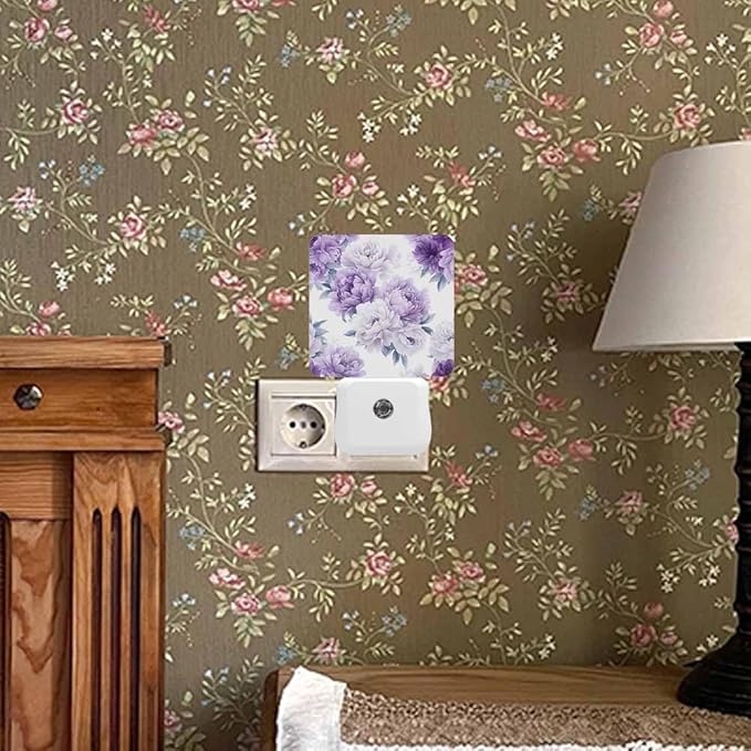 Purple Flowers Night Light Peonies in Full Bloom 0.5W Night Lights Auto LED Lamp Energy Saving Square Lights for Room Bedroom Bathroom