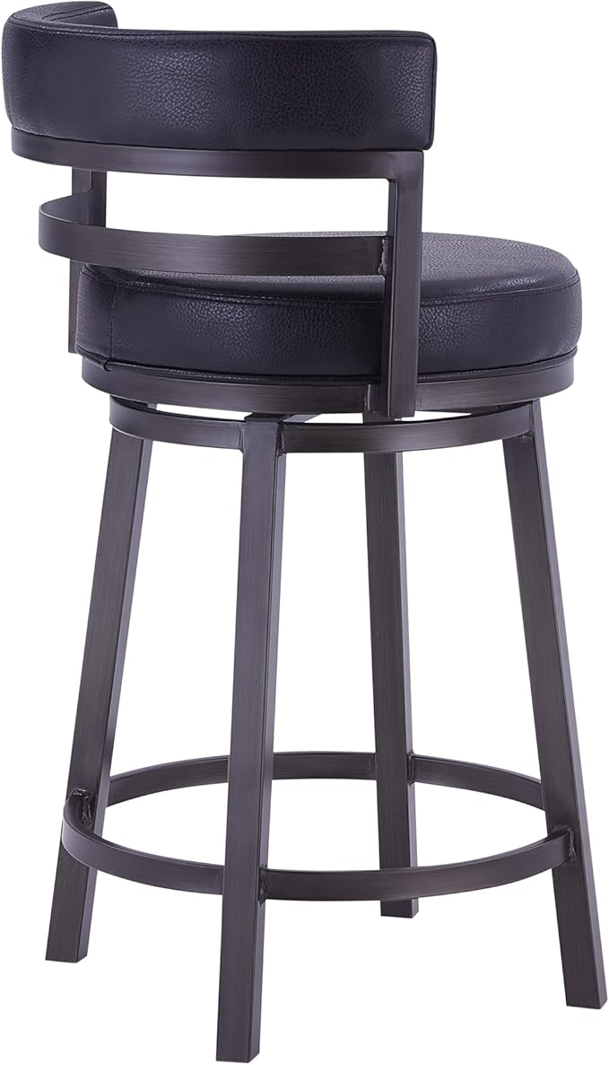 Armen Living Madrid 26" Counter Height Swivel Barstool in Ford Black Faux Leather and Mineral Finish