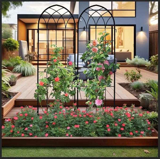 LZRS 2 Pack 71x20in Rustic Iron Arch Decoration Garden Trellis with Black Metal Coating – Perfect for Supporting Climbing Plants Outdoor, Roses, Vines, Flowers, and Vegetables.