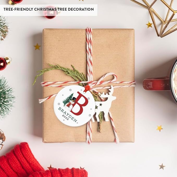 Andaz Press Personalized Christmas Ornament, Custom Name, Initial B Monogram Snowman 2.8" Ceramic Porcelain 2025 Christmas Ornament Keepsake for Kids, Boys, Girls, 1-Pack Initial Ornaments