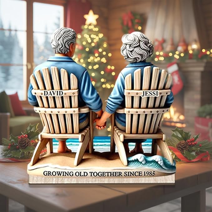 Custom Growing Old Together Christmas Decoration, Personalized Couple Beach Chair Wooden Plaque, Holiday Gift for Parents or Grandparents, Heartfelt Wooden Keepsake for Anniversary Celebration