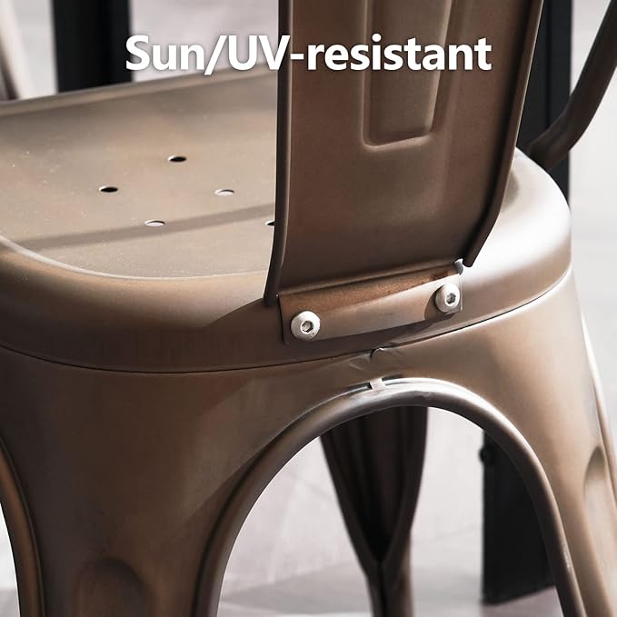 Nazhura Metal Dining Chair Farmhouse Tolix Style for Kitchen Dining Room Café Restaurant Bistro Patio, 18 Inch, Stackable, Waterproof Indoor/Outdoor (Sets of 4) (Steel Seat, Bronze)