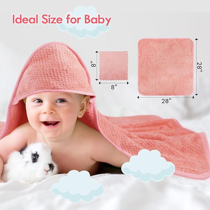 Orighty Baby Hooded Towel with Five Washcloths, 28 x 28 Inch Super Soft Bath Towel with Hood for Babies, Infant, Newborn Essential - Ideal Baby Stuff Registry for Boys and Girls (Pink)