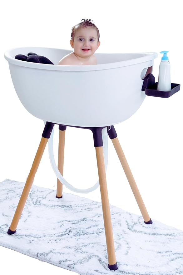 Luxury Baby Bathtub with Wooden Stand – 3-Stage Convertible, Ergonomic & Back-Saving Design