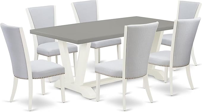 East West Furniture V097VE005-7 7 Piece Modern Dining Table Set Consist of a Rectangle Wooden Table with V-Legs and 6 Grey Linen Fabric Parson Dining Chairs, 40x72 Inch, Multi-Color