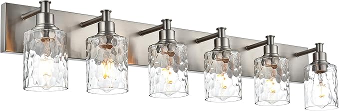 BONLICHT Vanity Light Fixture Brushed Nickel 6-Light Modern Farmhouse Wall Sconce Bathroom Lighting with Hammered Glass Industrial Wall Mount Lights for Kitchen Dining Room Cabinet Corridor