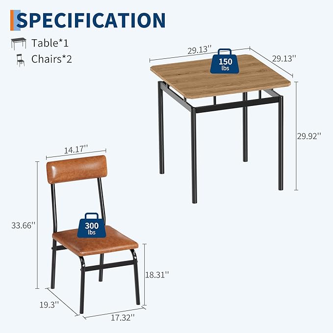 IDEALHOUSE 3 Piece Dining Room Table Set, Kitchen Table Set for 2 with Brown Wooden Grain Kitchen Table and 2 PU Upholstered Metal Chairs, Dining Room Set for Small Space,Home Dinner(2 Brown Chairs)