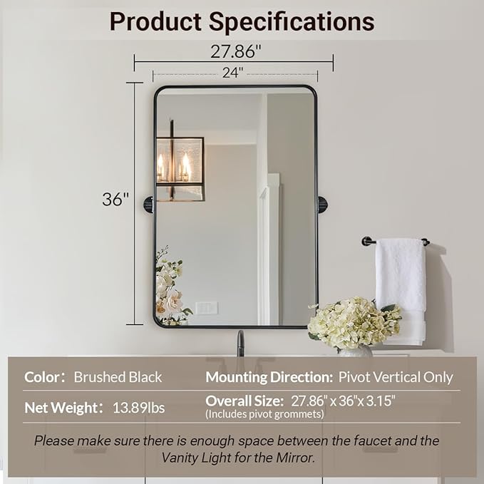 ANDY STAR Pivot Bathroom Mirror, 24 x 36 Inch Black Tilting Mirror for Bathroom with Rounded Corner Tube Metal Frame Design, Black Vanity Rectangle Mirror for Wall, Hangs Vertically Farmhouse Style