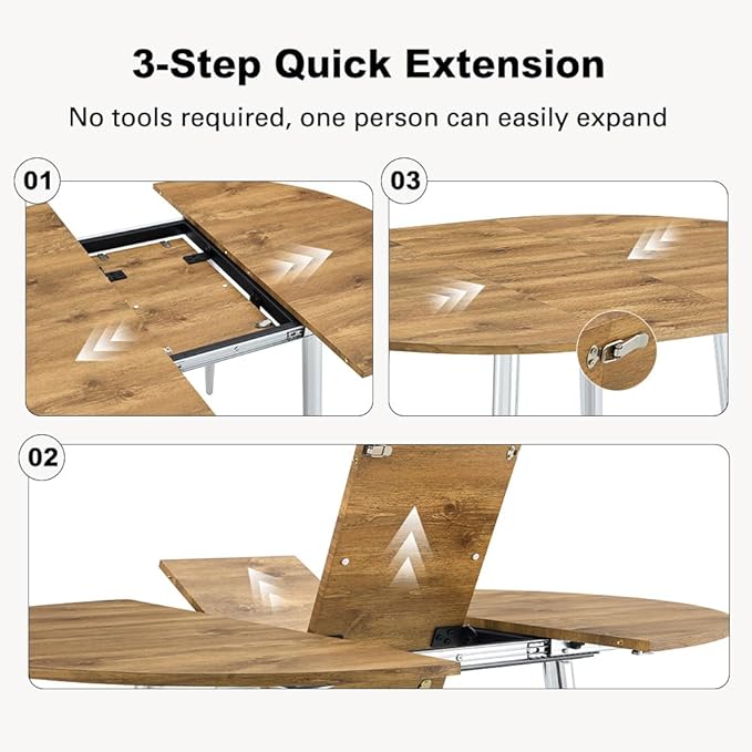 42" Round Dining Table for 4, 54" Oval Dining Table for 6, Extendable Kitchen & Dining Room Table with Metal Legs, Modern Rustic Space-Saving Adjustable Shape Dinner Table, Easy Assembly,Oak