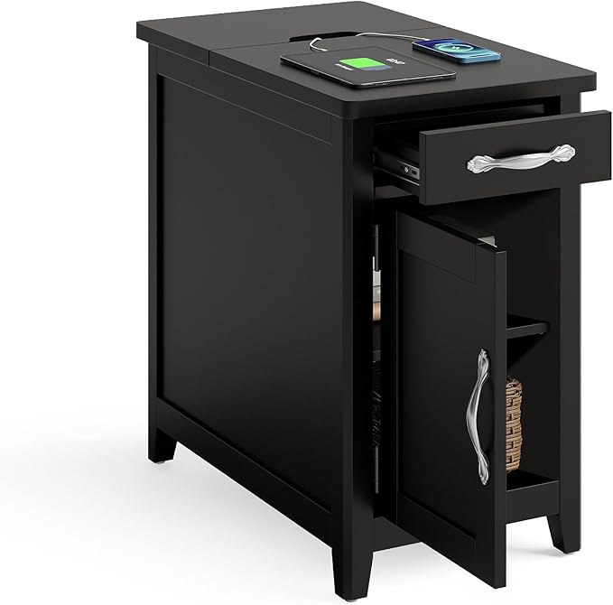 LINSY HOME End Table Set of 2 with Charging Station, Modern Farmhouse Sofa Couch Side Table, Wooden Bedside Table for Living Room Bedroom, Narrow Nightstand with Storage for Small Space, Black