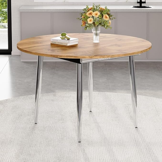 42" Round Dining Table for 4, 54" Oval Dining Table for 6, Extendable Kitchen & Dining Room Table with Metal Legs, Modern Rustic Space-Saving Adjustable Shape Dinner Table, Easy Assembly,Oak