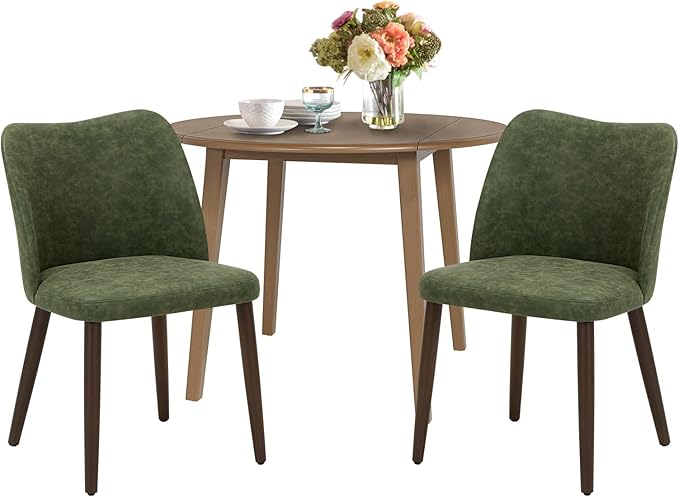 COLAMY 3-Piece Extendable Dining Table Set for 2, 36" Kitchen Round Wood Table with 2 Wooden Dining Room Chairs,Light Brown/Green