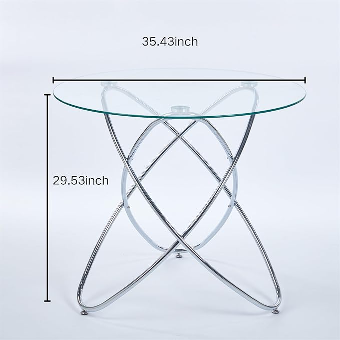 35.4" Round Dining Table for 4, Modern Clear Glass Kitchen Table for 4 with Chrome Metal Legs, Compact Small Circle Dining Room Leisure Tables for Kitchen Apartment