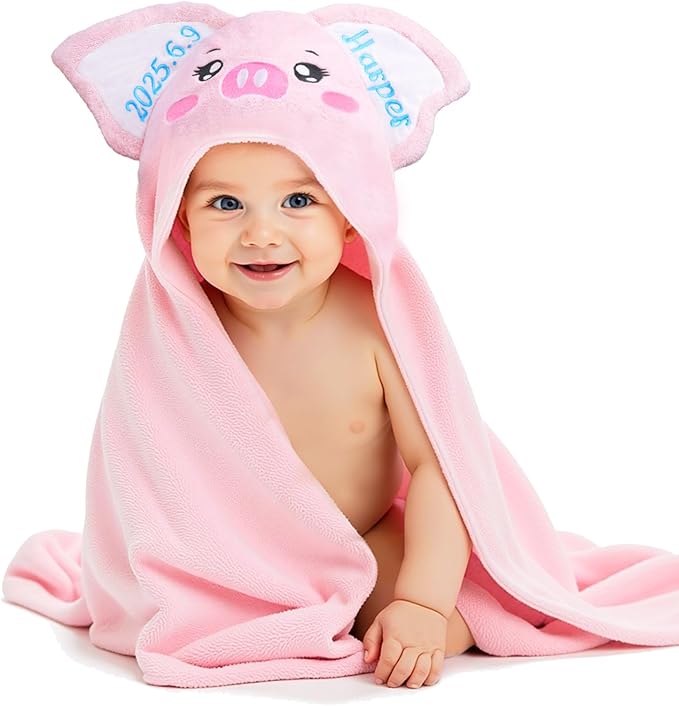 Custom Hooded Bath Towel with Name, Personalized Highly Absorbent Bunny Towels, Baby Bath Towels for Girls Boys, Brithday for Baby, Toddler, Newborn (Piglet-Pink)