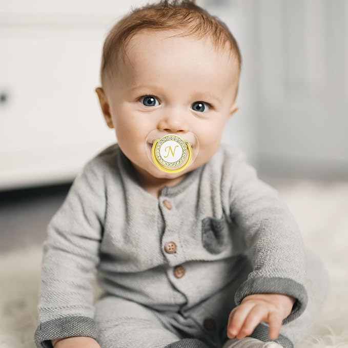 Bling Personalized Baby Pacifier with Pacifier Clips and Anti-dust Cover A-Z 26 Letters(Gold Transparent,N)
