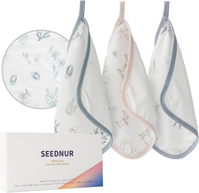Baby Washcloths, Soft Burp Cloths, Absorbent Baby Bath Towels-4 Layer Design-Reusable Baby Wipes Newborn Bath Face Towel for Delicate Skin, Wash Cloths for Shower and Baby Essentials - 3 Pack