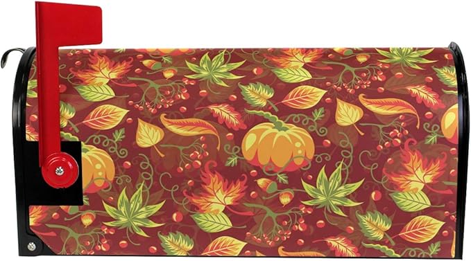 WOOR Autumn with Pumpkin Fall Leaves Magnetic Thanksgiving Mailbox Cover MailWraps Garden Yard Home Decor for Outside Standard Size-18"x 20.8"