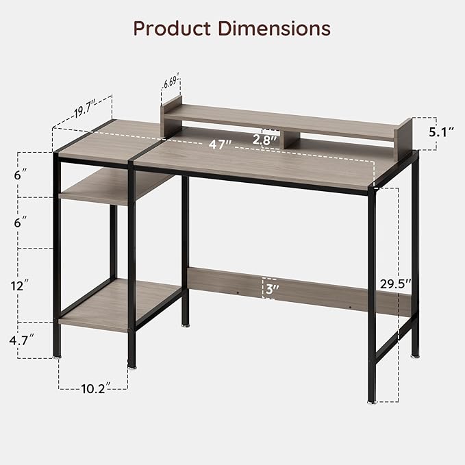 Computer Desk Gaming Desk with Monitor Stand, Home Office Desk Suitable for 2 Monitors, Writing Desk with Adjustable Storage Space,Sturdy and Durable Modern Small Desk (Grey, 47 inchs)
