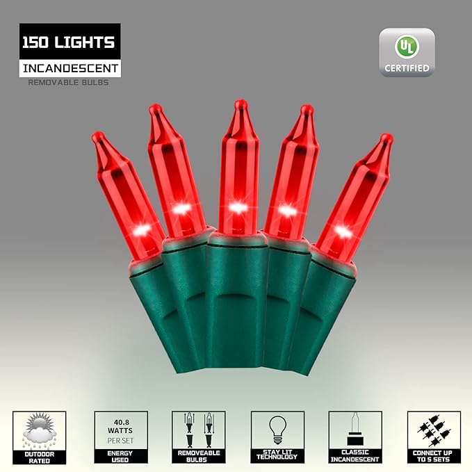 150LIGHTS RED Extra-Bright with End Connectors Christmas Decorative Lights 9.72m UL Certified Mini String Light Set Waterproof for Home Garden Holiday Christmas Tree Party Patio Decor Wedding