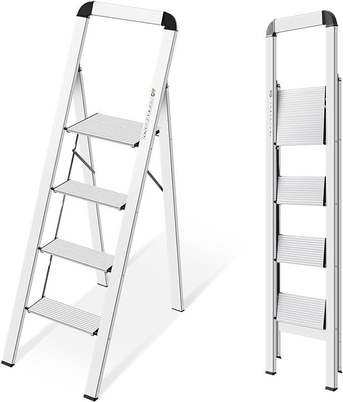 KINGRACK Aluminium 4 Step Ladder, Lightweight Step Stool with Non-Slip Pedals, Handrail, Foldable Step Ladder for Kitchen, Garage, Home, Space Saving, Sturdy and Portable, Silver
