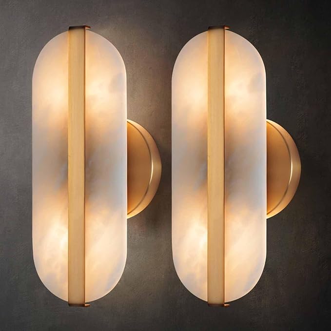 Natural Alabaster Wall Sconces Set of Two Marble Wall Sconces Gold Bathroom Vanity Wall Light Fixtures Modern Oval Stone Wall Lamp for Bedroom Living Room Hallway Restaurant Stairs