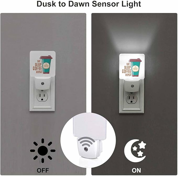 LED Night Light,Eat Sleep Funky Coffee LED Night Light Plug into Wall with Dusk to Dawn Light Sensor White Energy Efficient Nightlight for Bedroom Bathroom Hallway Living Room Kitchen