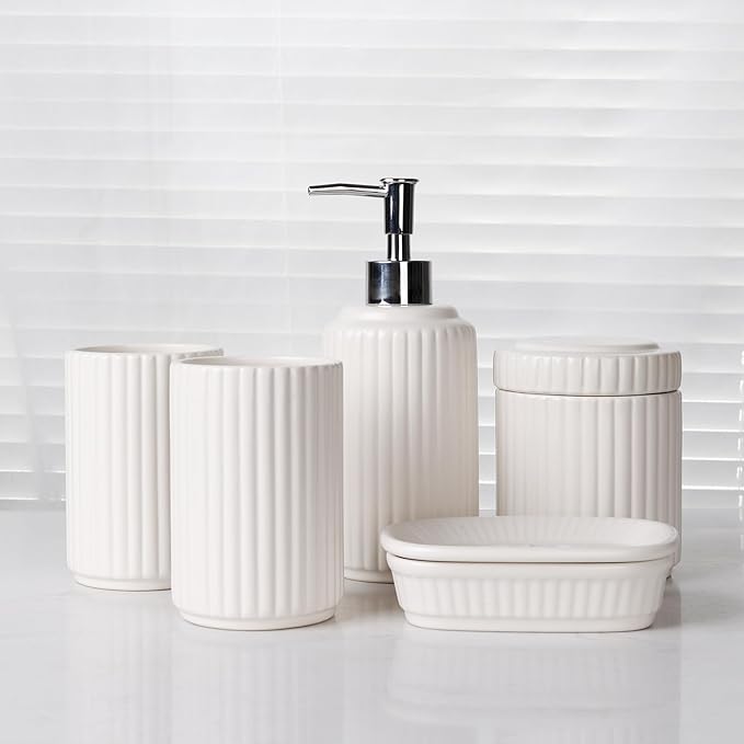 White Bathroom Accessory Set 5PCS, Ceramic Bathroom Accessories Set, Classic Design Bathroom Accessories Sets Complete, Home Apartment Modern Bathroom Decor Vanity Countertop, ANTIS'S HOME